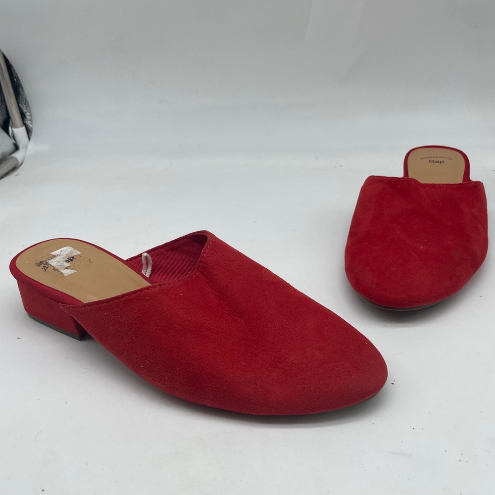 Gap Womens Red Faux Suede Low Block Heel Mules Almond Toe Slip‎ On Shoes Size 7